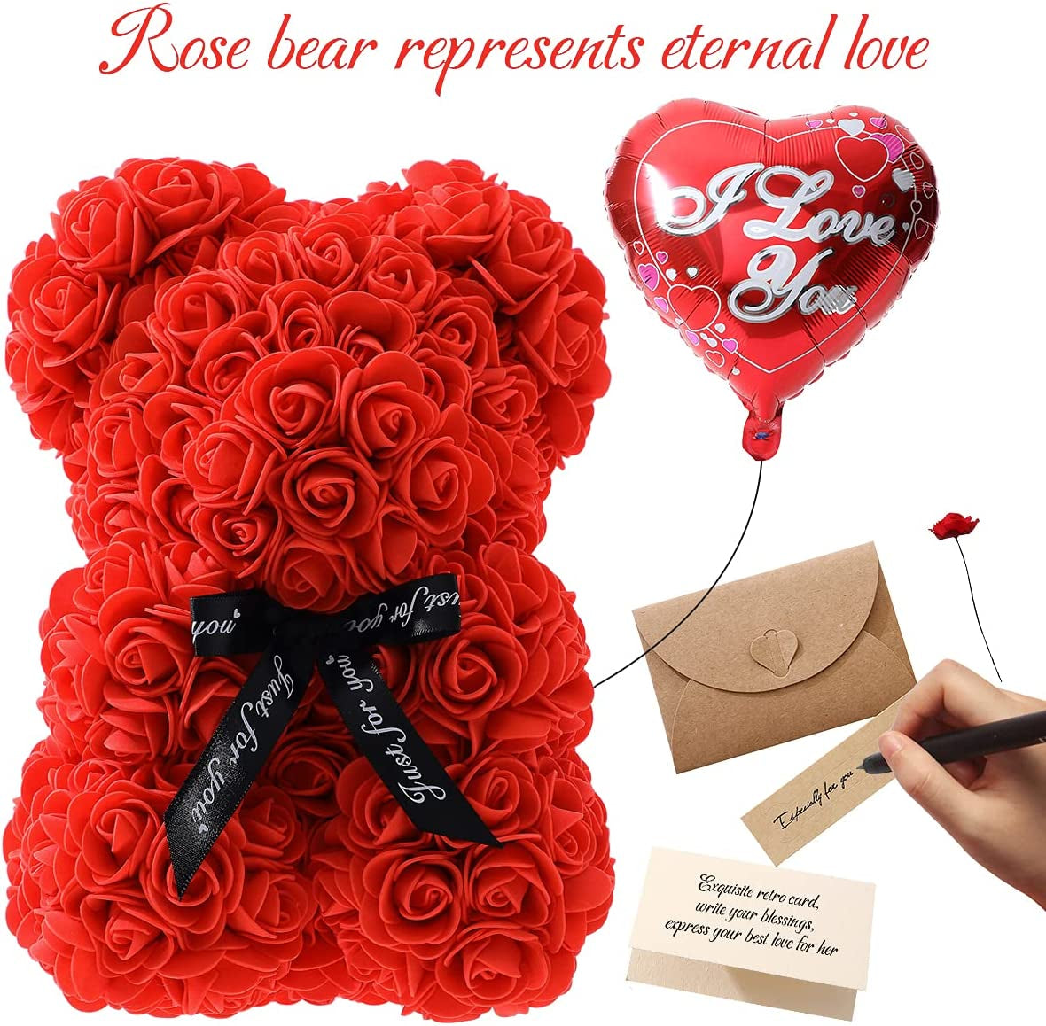 "Rose Flower Bear - A Dazzling Handmade Gift for Women - Perfect for Mother's Day, Valentine's Day, Anniversaries, and Bridal Showers - Comes with Clear Gift Box and Greeting Card - Red"