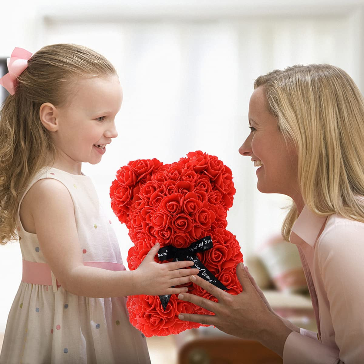 "Rose Flower Bear - A Dazzling Handmade Gift for Women - Perfect for Mother's Day, Valentine's Day, Anniversaries, and Bridal Showers - Comes with Clear Gift Box and Greeting Card - Red"